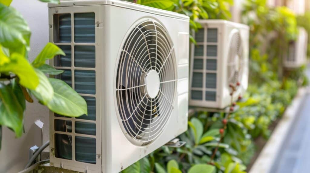 Two reverse cycle air conditioner external units outside house.