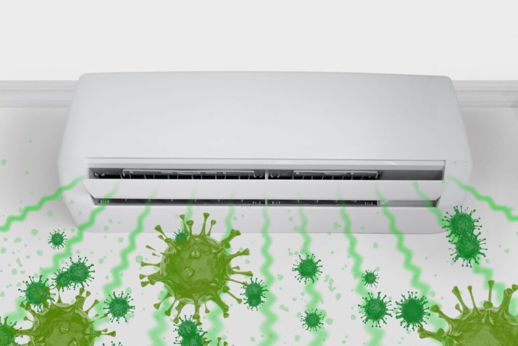 air conditioner with images of germs coming from unit