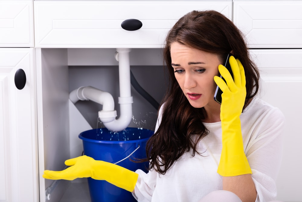 woman holding bucket calling plumber about water leak
