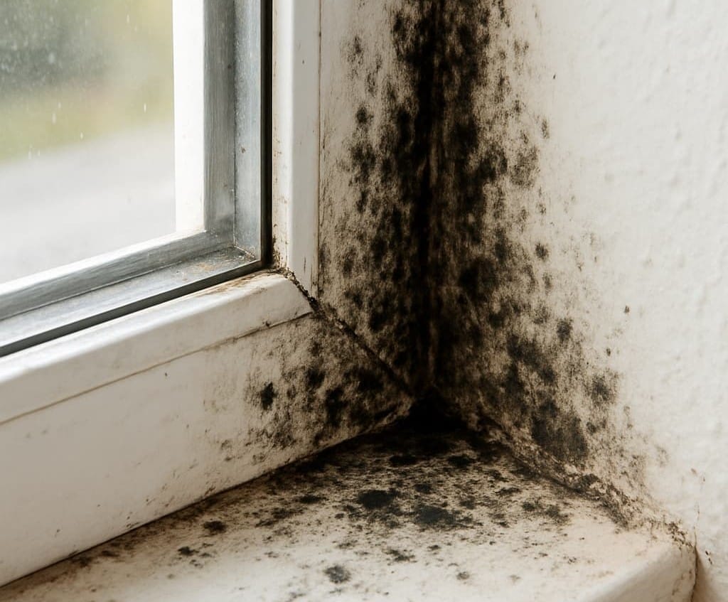 A Australian homes window with black mold in the corner from condensation