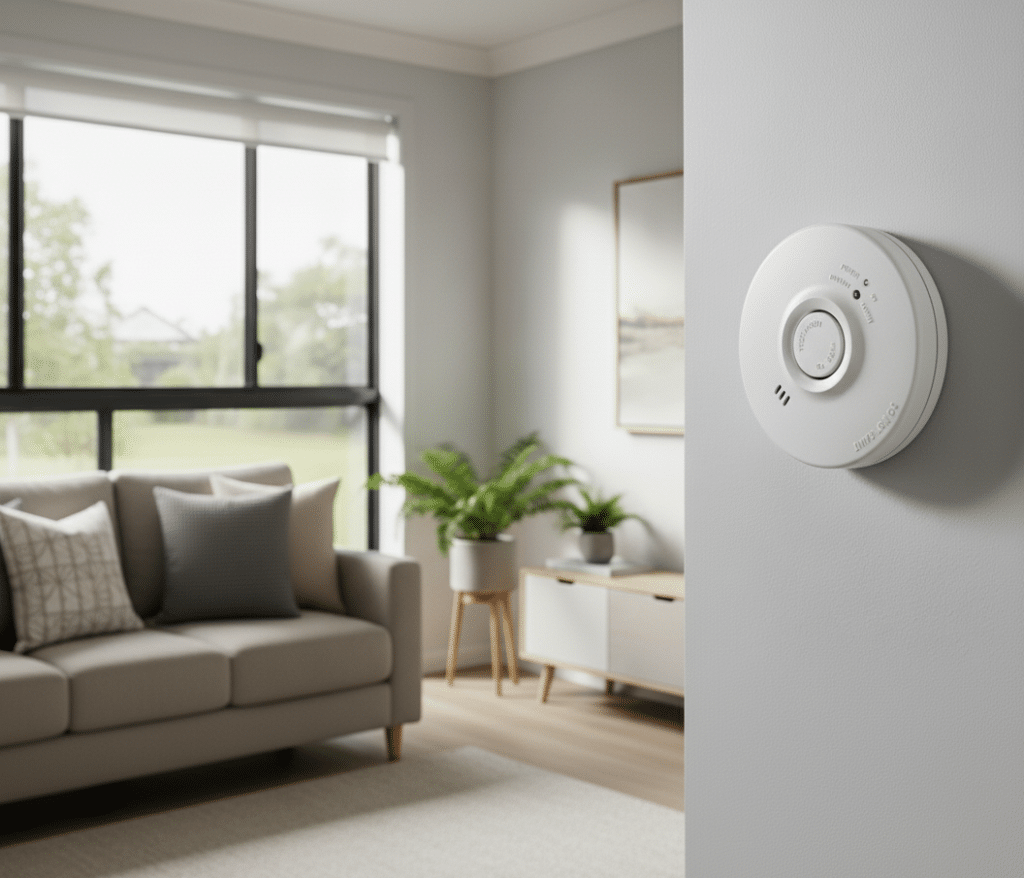 A photoelectric carbon monoxide alarm on the wall of a brisbane living room with a couch and table in the background.