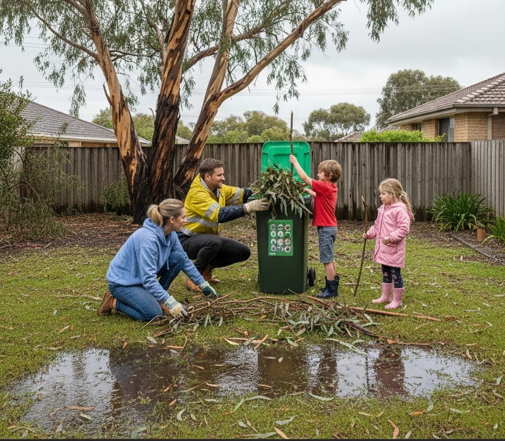 An Australian family cleans up gum tree leaves into a garden waste bin after storm